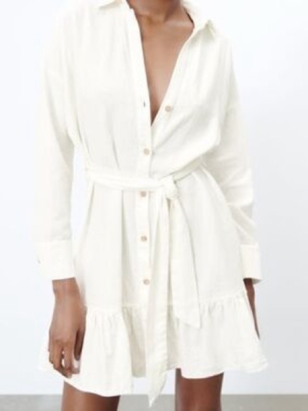 Zara Cream Button-Front Midi Shirt Dress with Tie Waist